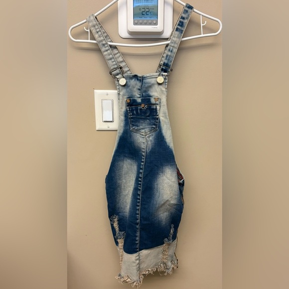 Marin kiog distressed denim jeans overalls mini dress women's size XS - Picture 2 of 9